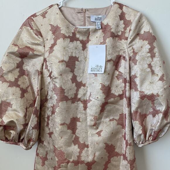 Belle Badgley Mischka Red and Gold Metallic Floral Puff Sleeve Dress Size: 2 - Picture 2 of 7